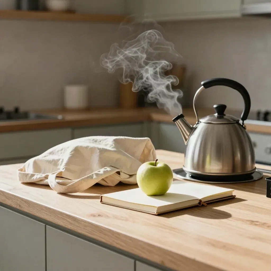 Ivory tote, green apple, notebook, and steaming kettle on a warm kitchen counter.