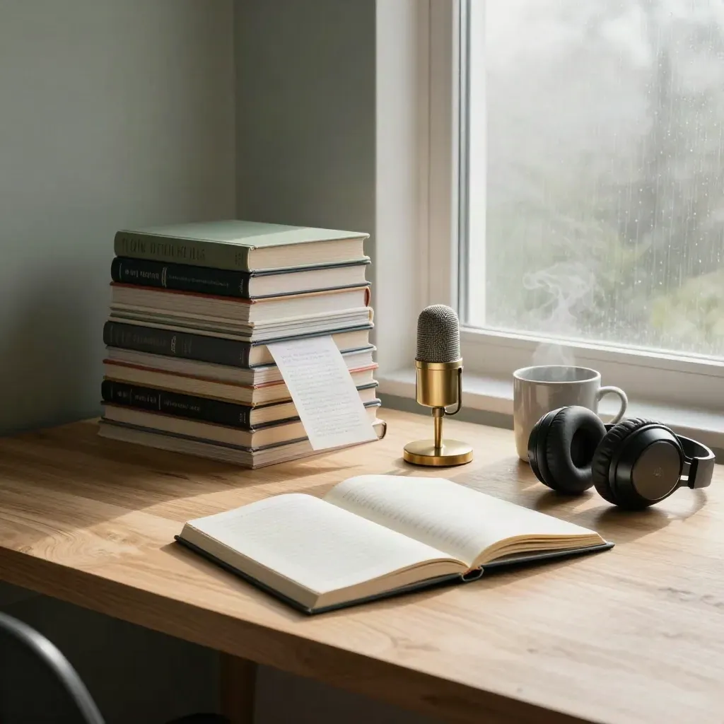 Rainy dawn reading setup with essays, journal, mic, headphones, mug and paper slips on pale oak.