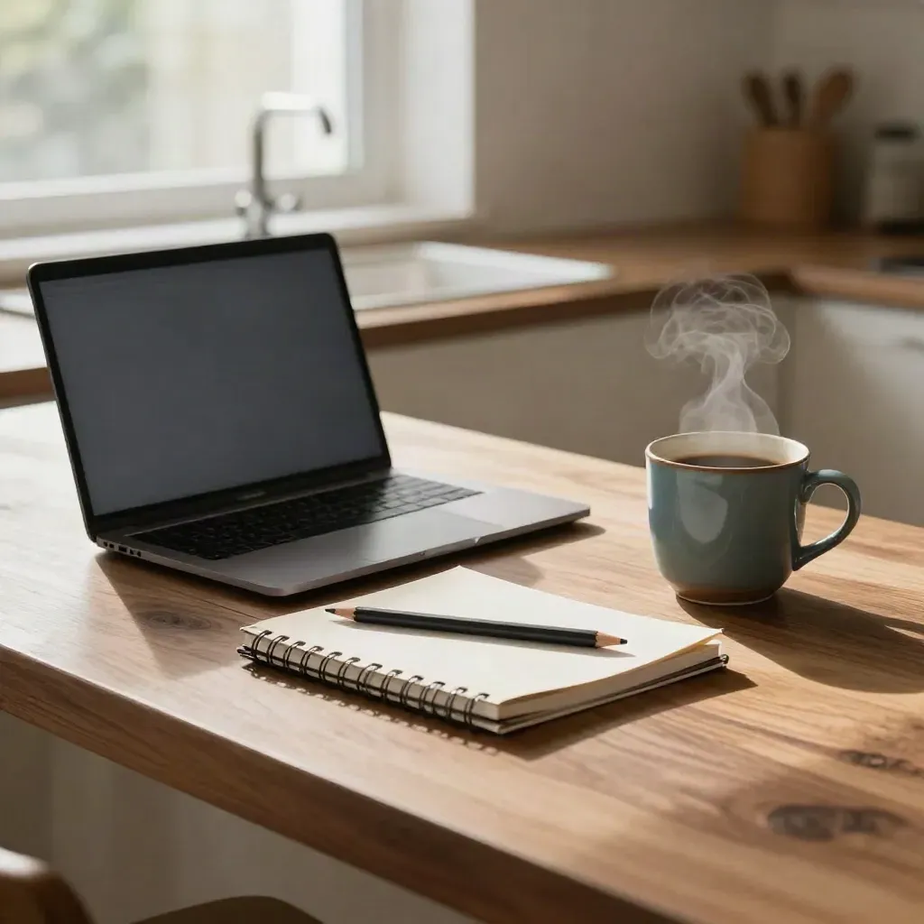 Closed laptop, notebook, pencil and coffee on a walnut breakfast bar in morning window light.