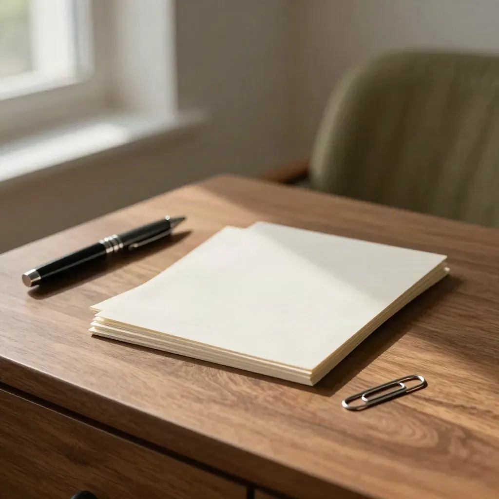 Minimal desk with three blank cards, a pen, and a paper clip in bright window haze