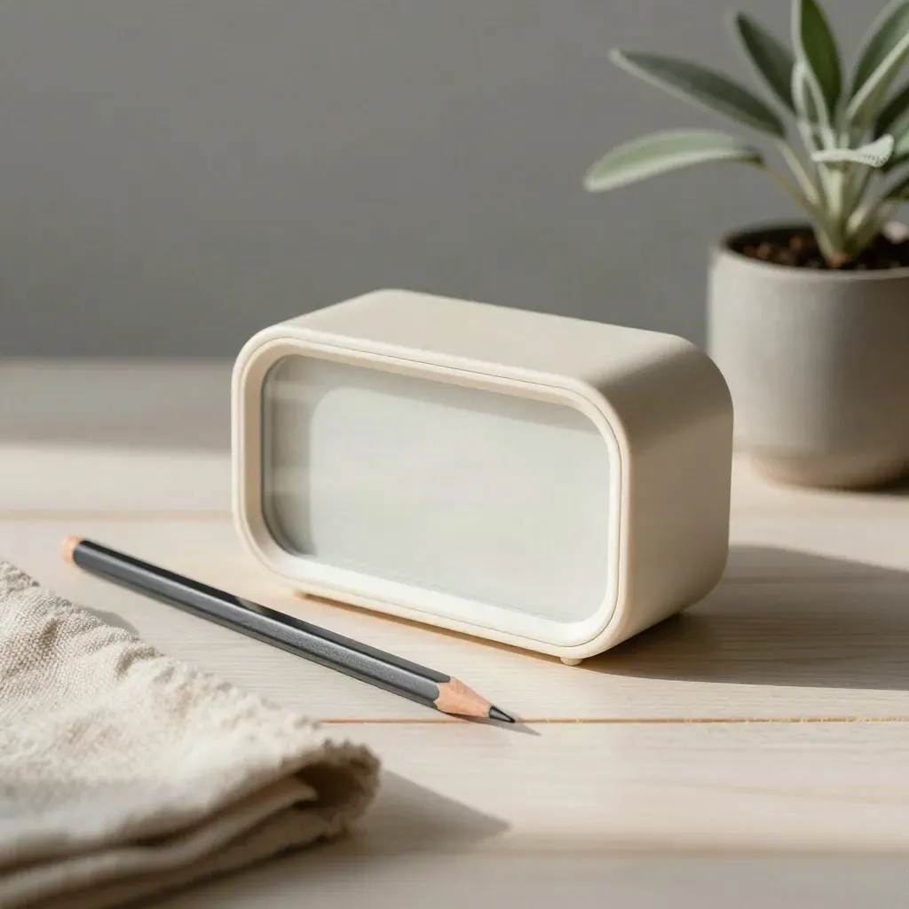 Ivory desk timer, pencil, cloth and tiny plant on pale wood in soft morning light.