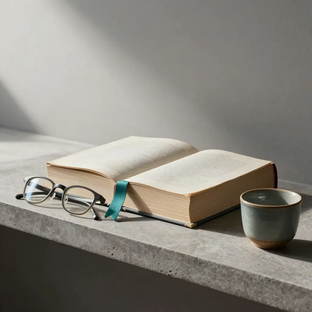 Hardcover book with bookmark, glasses, and cup on a stone shelf with teal accents.